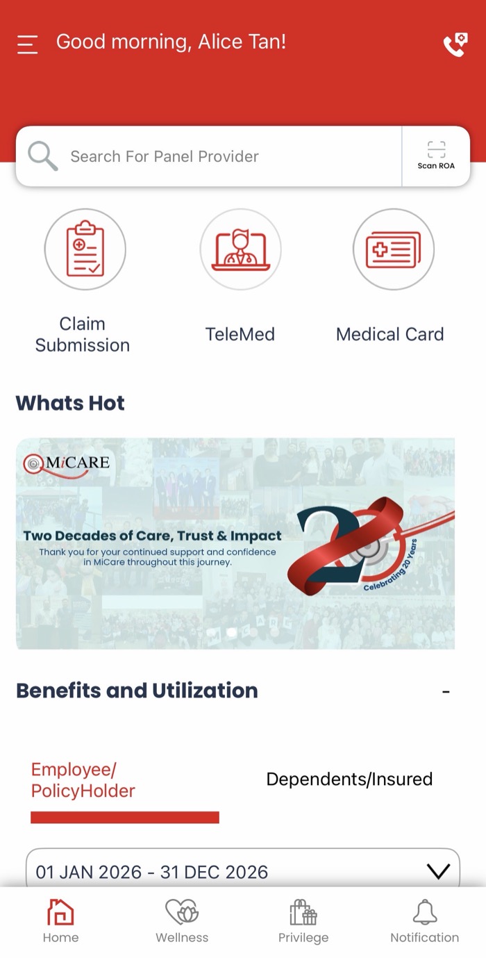 Skrin utama aplikasi MiCare MyMed, memaparkan Claim Submission, TeleMed dan Medical Card.