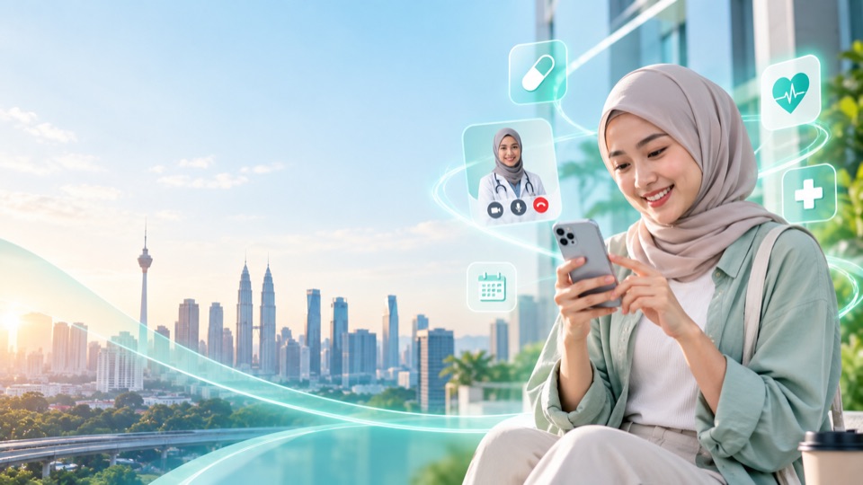 Seorang wanita muda Malaysia menggunakan telefon pintarnya untuk panggilan video dengan doktor, dengan ikon penjagaan kesihatan dan garis sambungan digital di atas panorama Kuala Lumpur.