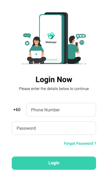Skrin log masuk WeKongsi, meminta nombor telefon dan kata laluan.